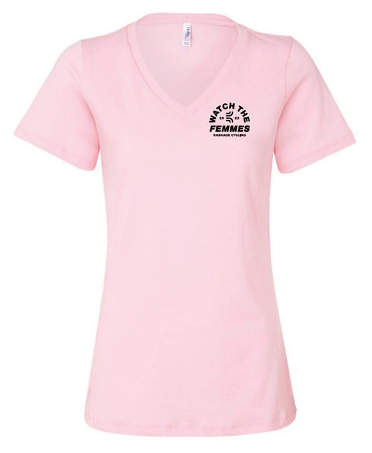 Watch the Femmes - Women’s Relaxed Jersey V-Neck Tee in Pink