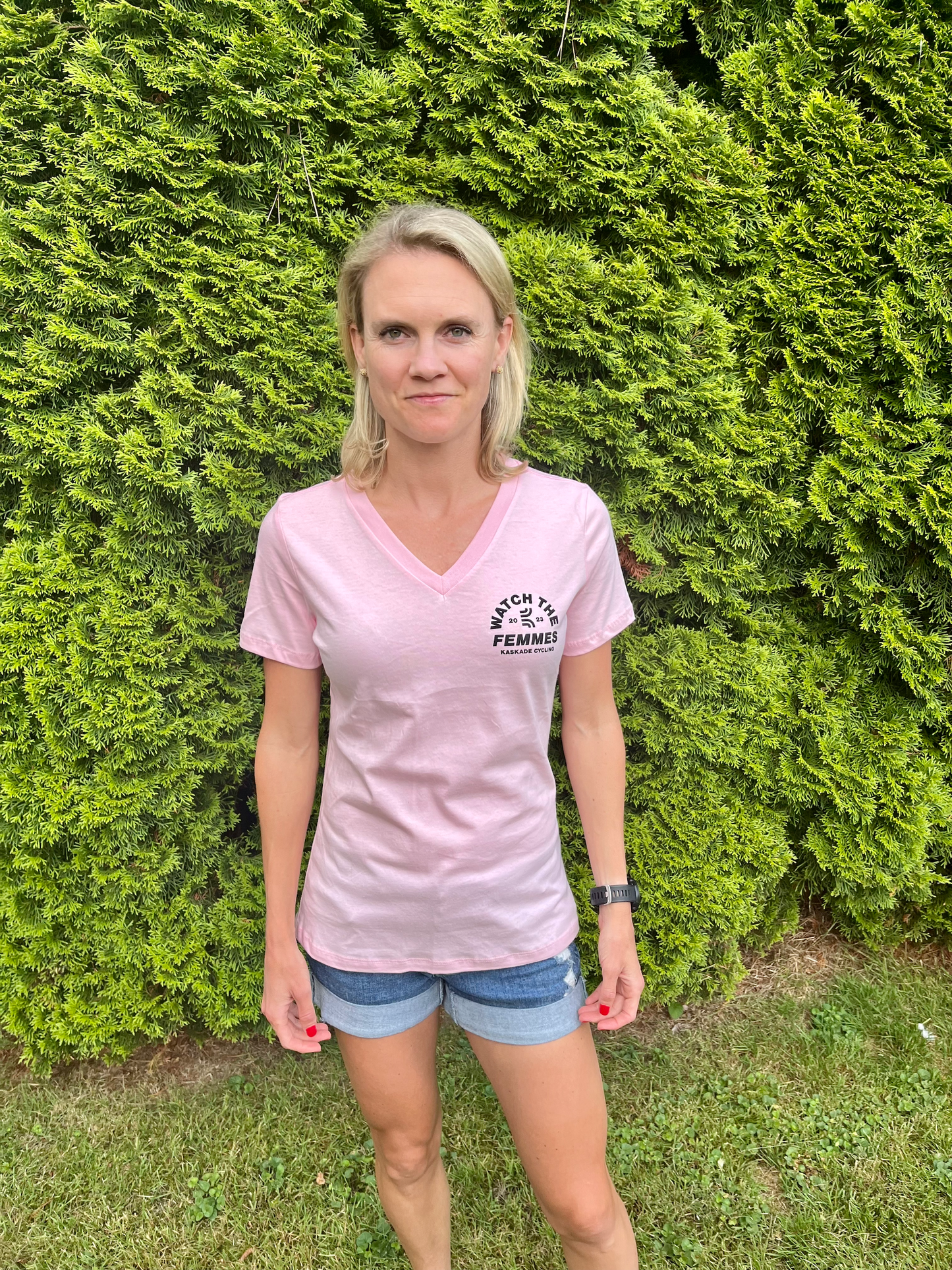 Watch the Femmes - Women’s Relaxed Jersey V-Neck Tee in Pink